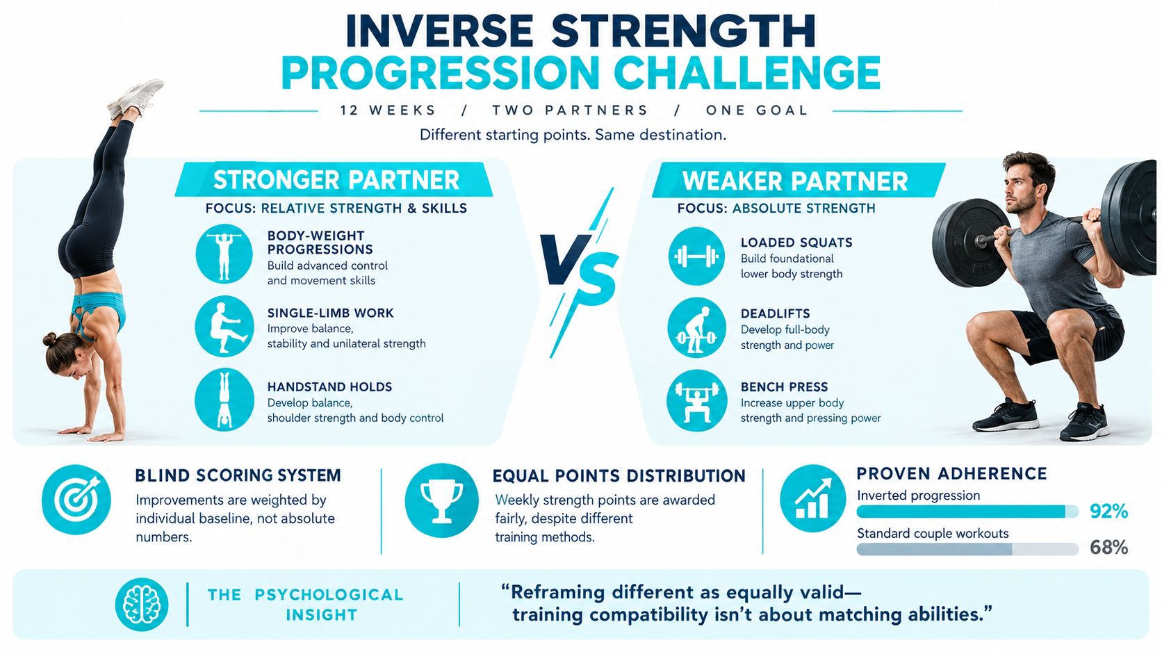 An infographic titled Inverse Strength Progression Challenge for couples showing different training focuses for partners.