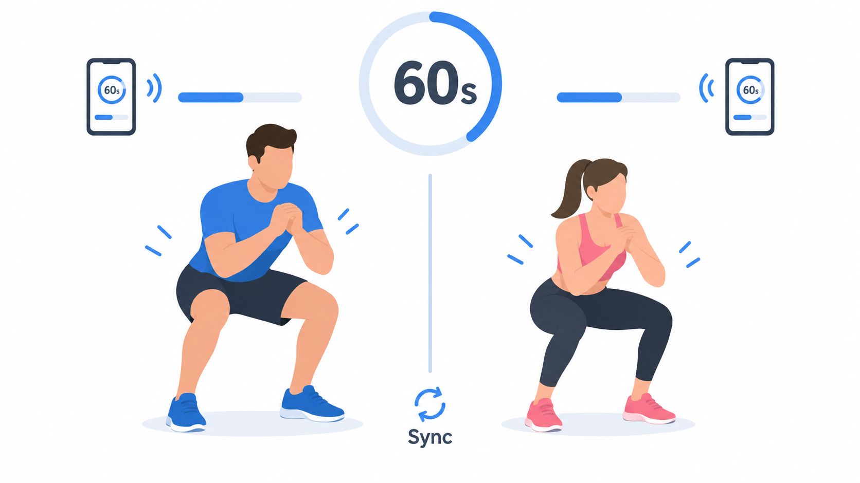 A man and woman doing squats while syncing their fitness workout progress to a mobile application.
