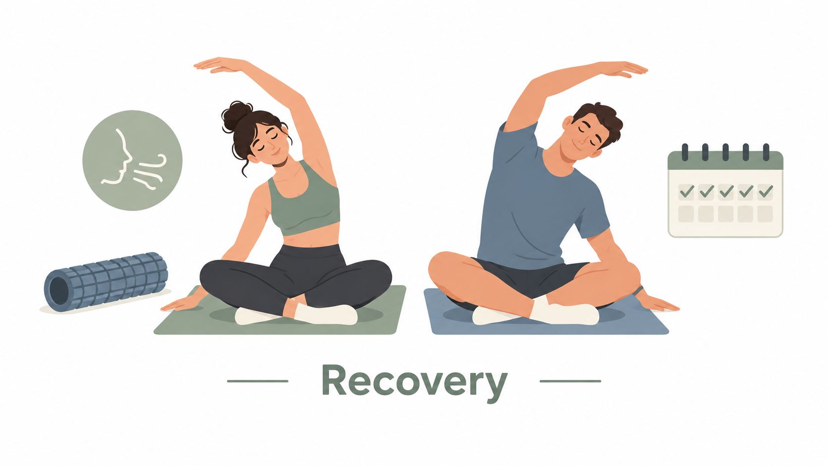 A fit couple practicing yoga together on mats for recovery after fitness challenges for couples workout.