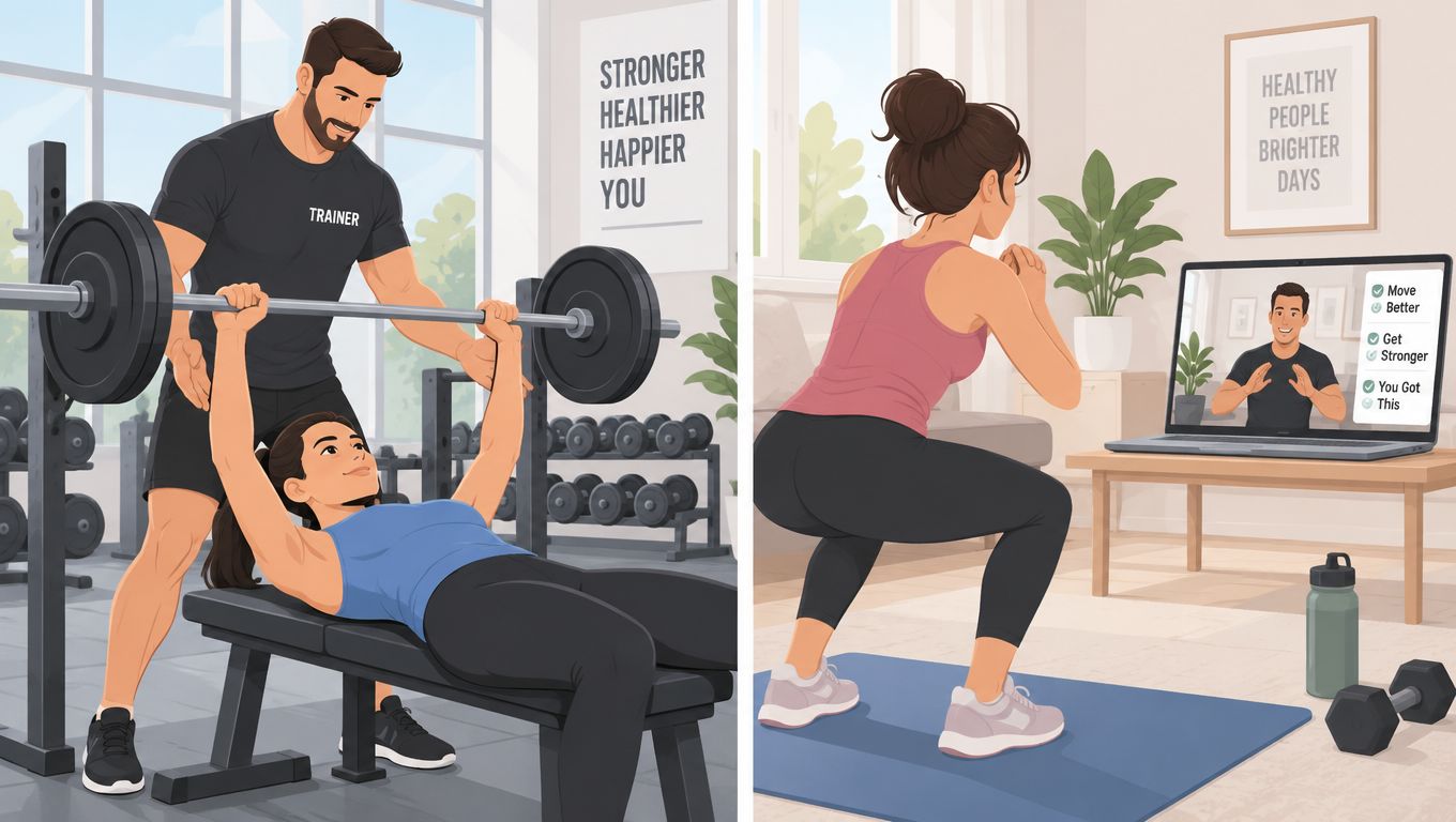 A split image showing a woman training with a personal trainer and exercising at home with online coaching.