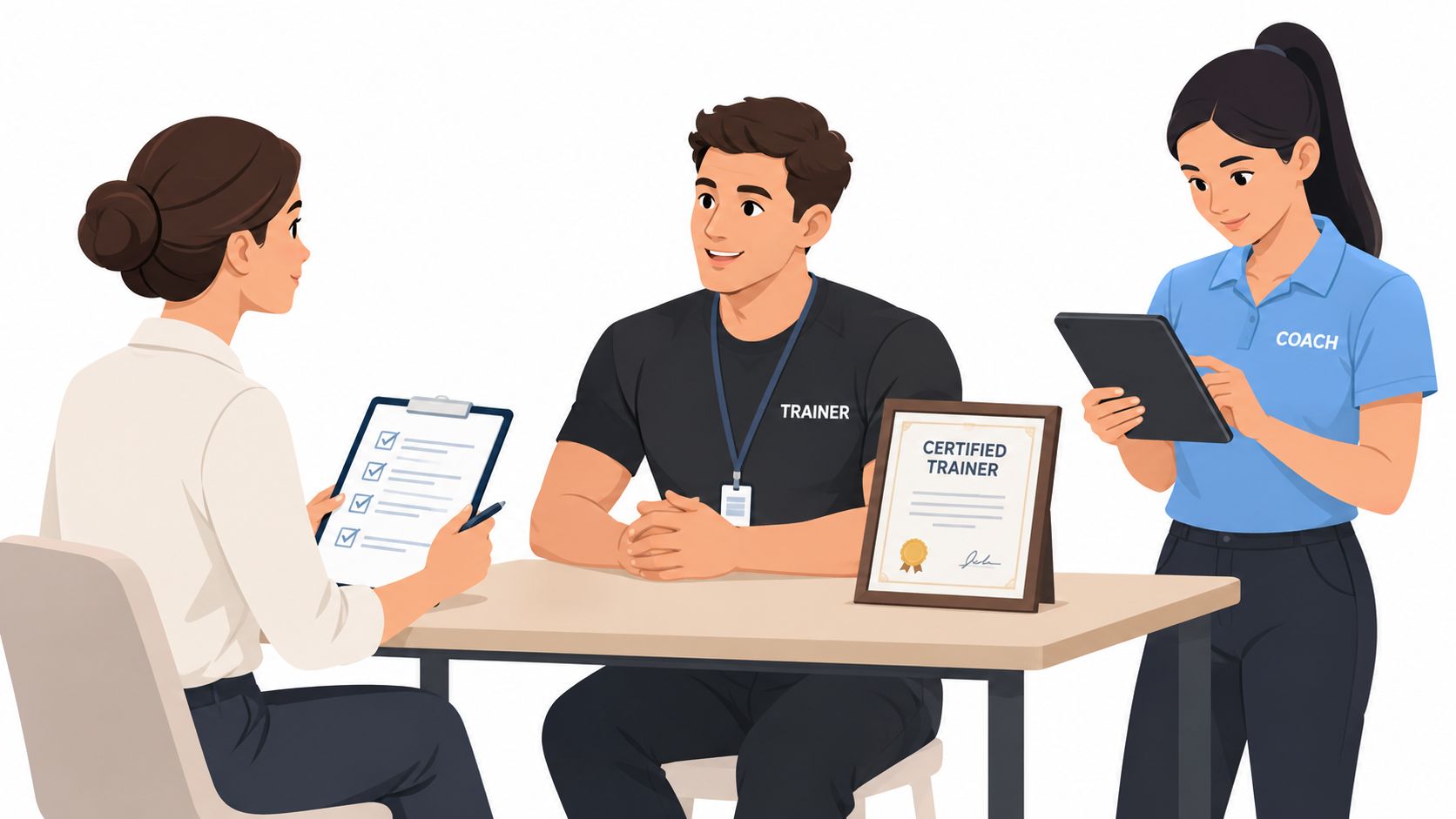 A professional setting with a trainer being interviewed by an interviewer and assisted by a coach