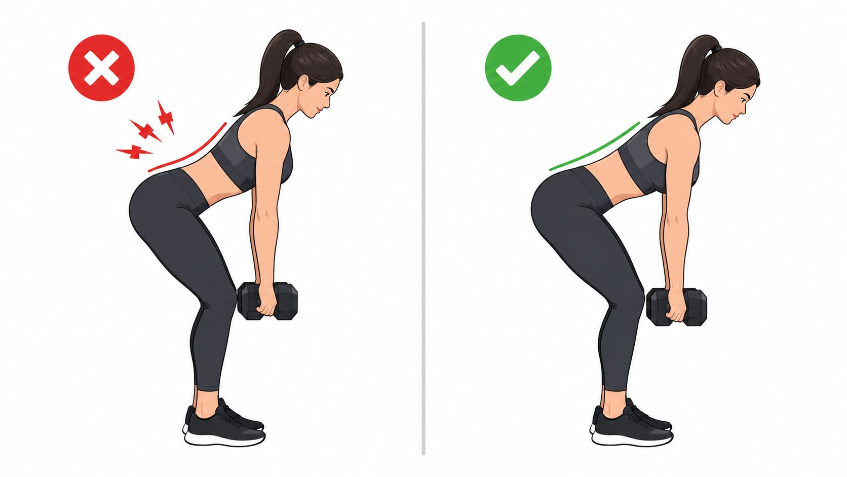 A diagram comparing proper and improper form for performing a dumbbell hinge exercise to strengthen hamstrings safely.