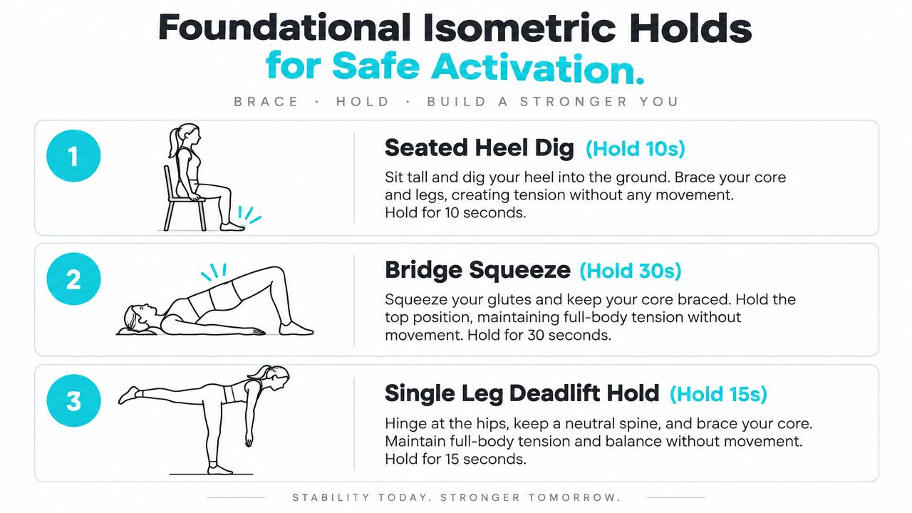A diagram demonstrating three fundamental isometric exercises for hamstring strengthening at home including seated heel digs, bridge squeezes, and single-leg deadlift holds.