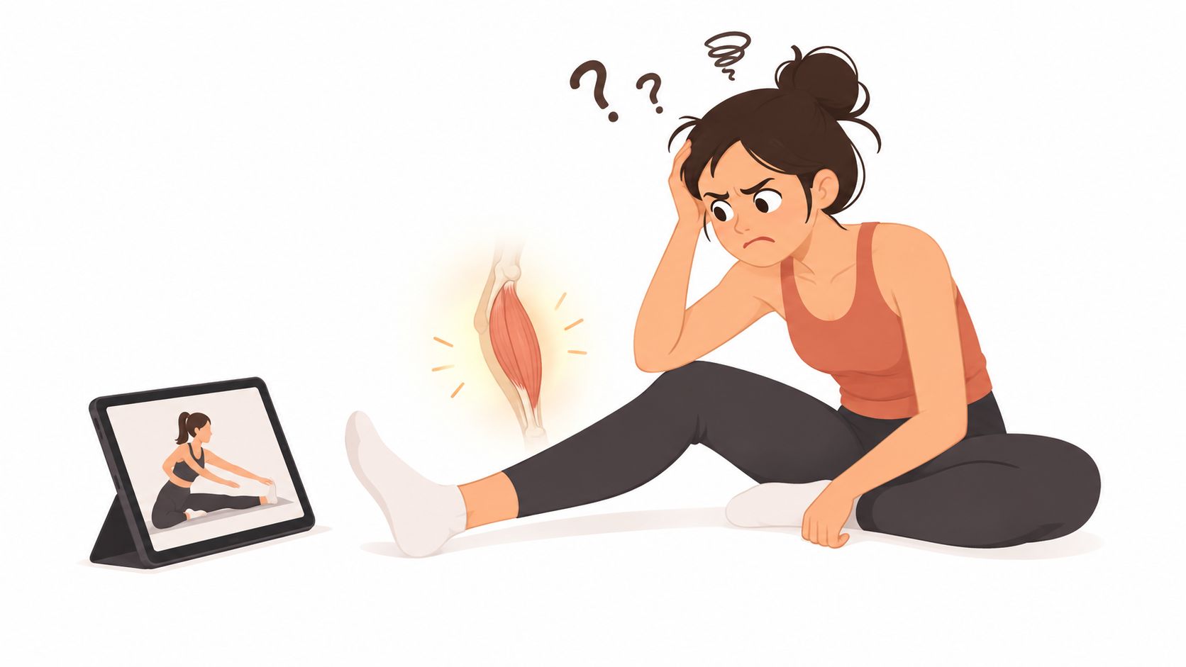 A confused woman experiencing leg pain while following an online hamstring stretching exercise video on a tablet.