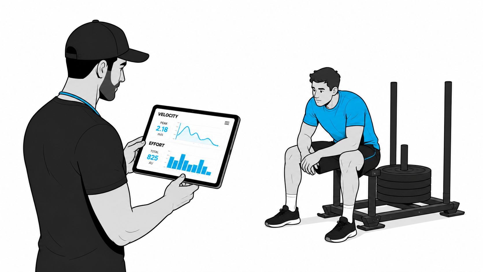A trainer checking athletic performance metrics on a tablet while an athlete rests on a push sled.