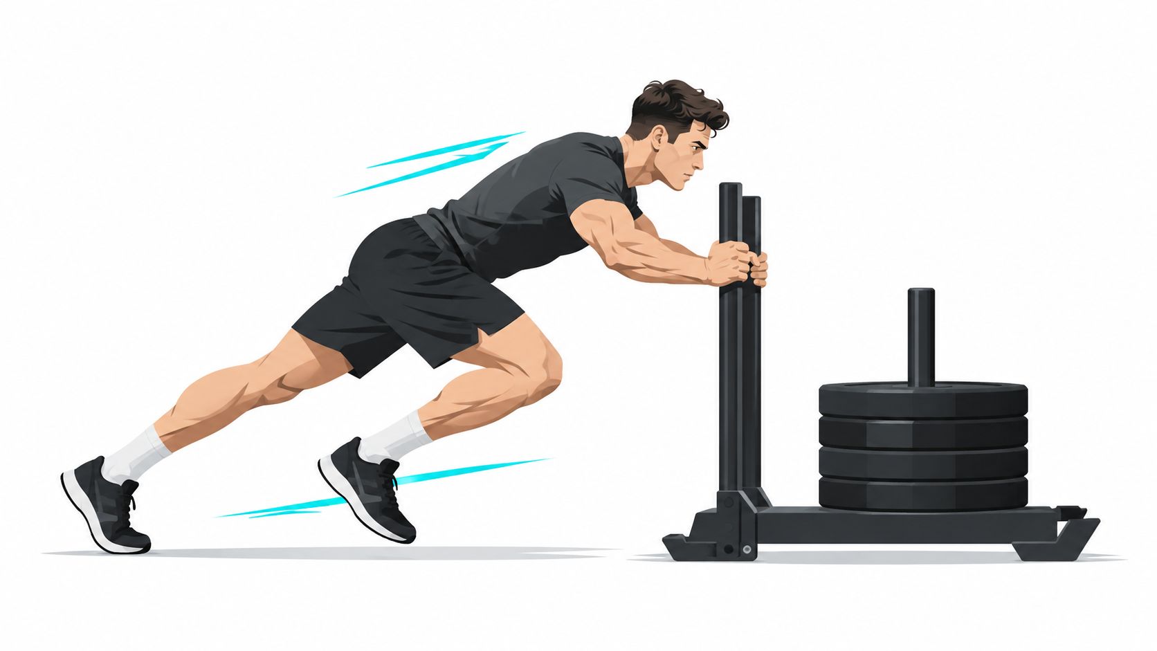 A fit man performing a weighted sled push exercise to improve strength and power on a white background.
