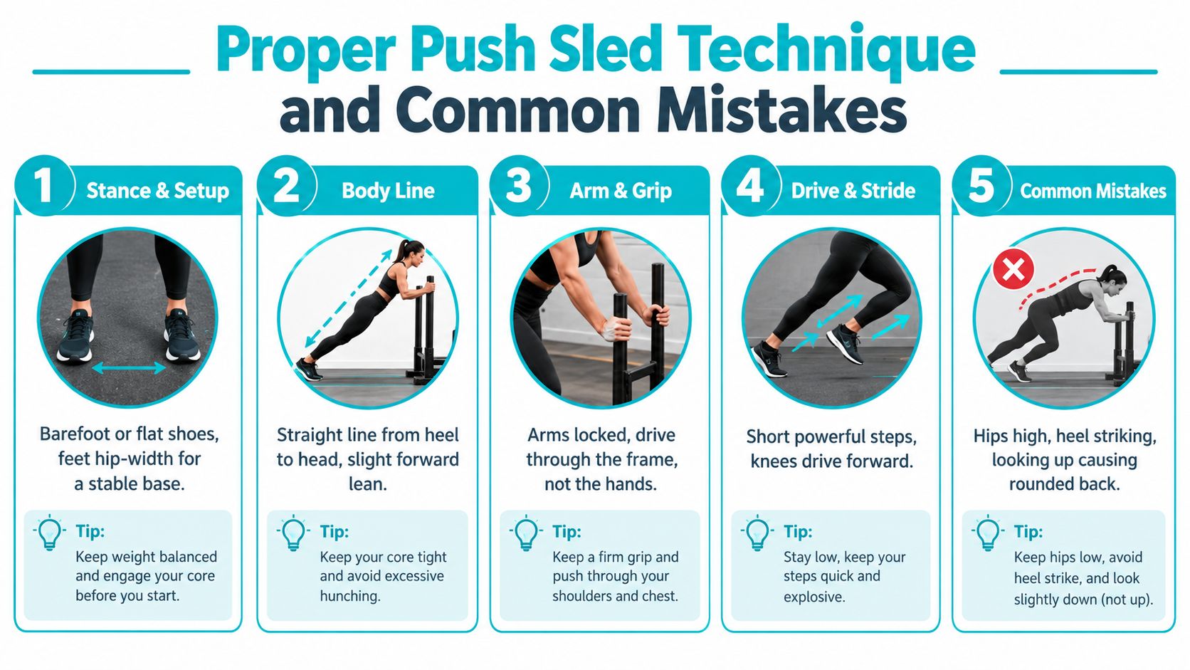 A five-step guide illustration demonstrating proper push sled technique and common mistakes for gym workouts.
